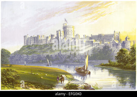 Eine farbige Abbildung: Schloss Windsor und die Stadt Windsor gescannt und in hoher Auflösung aus einem Buch im Jahre 1870 gedruckt. Glaubten copyright frei. Stockfoto