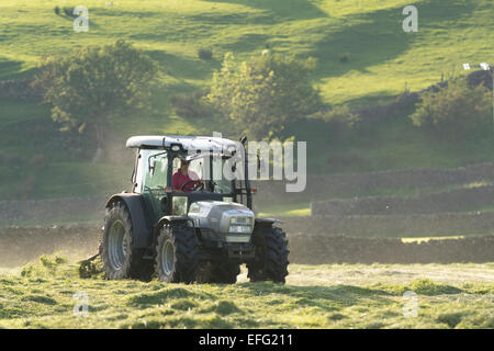 Drehen-Rasen in einem traditionellen Mähwiese mit einem Hurlimann Traktor und Zettwender, Swaledale, Yorkshire Dales National Park, UK Stockfoto