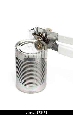 Eine Blechdose mit einem Hand-Dosenöffner Stockfoto