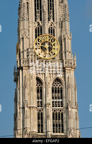 Kathedrale unserer lieben Frau, Onze-Lieve-Vrouwekathedraal, Detail Uhrturm, Antwerpen, Flandern, Belgien Stockfoto