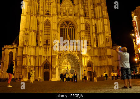 Belgien, Flandern, Antwerpen, Kathedrale unserer lieben Frau, Onze-Lieve-Vrouwekathedraa in der Nacht Stockfoto