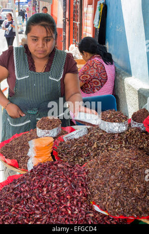 Oaxaca, Mexiko - eine Frau verkauft Heuschrecken, Chapulines, Benito Juárez Markt genannt. Stockfoto