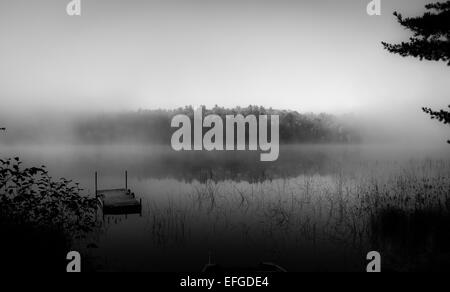 Nebel rollt rund um einen See den ganzen Vormittag. Stockfoto