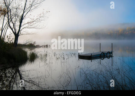 Nebel rollt rund um einen See den ganzen Vormittag. Stockfoto