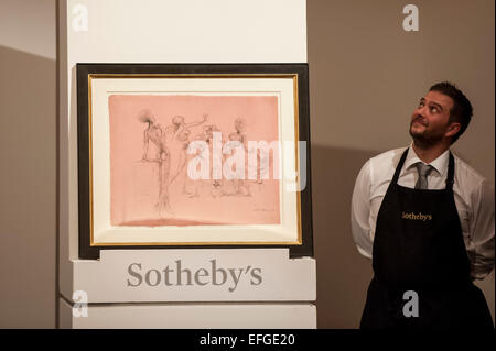 London, 3. Februar 2015.  Sotheby's surrealistische Kunst Evening Sale, am 3. Februar 2015, kennzeichnete eine wunderbare Auswahl an Kunstwerken von vielen der wichtigsten Kennzahlen der surrealistischen Bewegung.  Angebote wurden Werke von René Magritte, Paul Delvaux, Francis Picabia, Dalí, Ernst, Masson und Man Ray.  Im Bild: "Cinq Personnages Surréalistes: Femmes À Tête De Fleurs, Femme À Tiroirs (Évocation Du Jugement De Paris)" von Salvador Dalí.   Bildnachweis: Stephen Chung/Alamy Live-Nachrichten Stockfoto