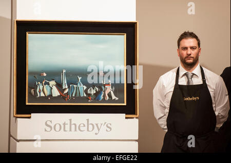 London, 3. Februar 2015.  Sotheby's surrealistische Kunst Evening Sale, am 3. Februar 2015, kennzeichnete eine wunderbare Auswahl an Kunstwerken von vielen der wichtigsten Kennzahlen der surrealistischen Bewegung.  Angebote wurden Werke von René Magritte, Paul Delvaux, Francis Picabia, Dalí, Ernst, Masson und Man Ray.  Im Bild: "Deux Fois Du Noir" von Yves Tanguy.   Bildnachweis: Stephen Chung/Alamy Live-Nachrichten Stockfoto