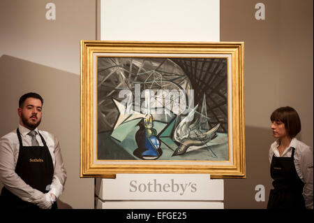 London, 3. Februar 2015.  Sotheby's surrealistische Kunst Evening Sale, am 3. Februar 2015, kennzeichnete eine wunderbare Auswahl an Kunstwerken von vielen der wichtigsten Kennzahlen der surrealistischen Bewegung.  Angebote wurden Werke von René Magritte, Paul Delvaux, Francis Picabia, Dalí, Ernst, Masson und Man Ray.  Im Bild: "El Quinqué Y La Paloma" von Óscar Domínguez.   Bildnachweis: Stephen Chung/Alamy Live-Nachrichten Stockfoto