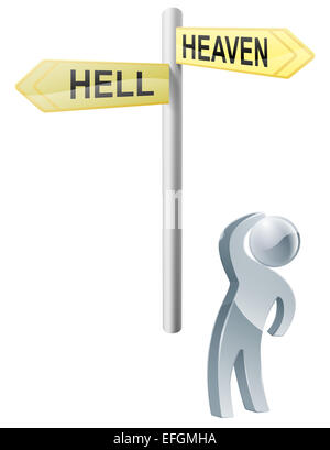 Konzeptionelle Darstellung eines Mannes nach oben auf ein Straße Zeichen Post lesen, Himmel und Hölle Stockfoto