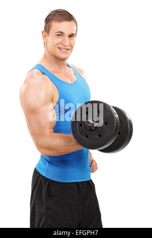 Junge Sportler trainieren mit einem kleinen Langhantel isoliert auf weißem Hintergrund Stockfoto