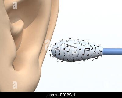 menschliche Ohr und Baumwolle Tupfer mit Noten, 3D-Illustration, isoliert auf weiss Stockfoto