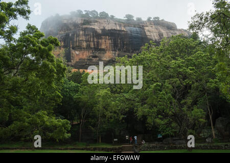 Lion Rock an einem nebligen Morgen in feuchte Regenzeit, Sigiriya, Sri Lanka, Rock, Unesco, Höhle, Kunst, Fresko, Löwe, Rock, riesige Stockfoto