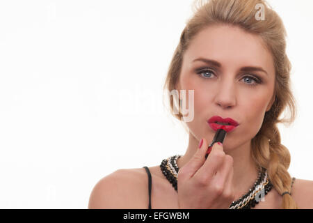 Blonde Frau roten Lippenstift Stockfoto