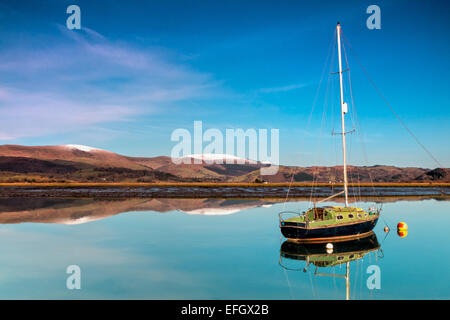 Glandyfi, Powys, Wales, UK. 4. Februar 2015. UK-Wetter. Blauer Himmel und Stillgewässer in der Dyfi Mündung bei Glandyfi, Powys spiegeln die noch schneebedeckten Hügeln. Bildnachweis: Jon Freeman/Alamy Live-Nachrichten Stockfoto