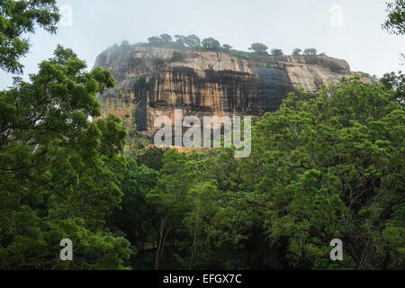 Lion Rock an einem nebligen Morgen in feuchte Regenzeit, Sigiriya, Sri Lanka, Rock, Unesco, Höhle, Kunst, Fresko, Löwe, Rock, riesige Stockfoto