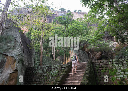 Touristen haben zu erklimmen Lion Rock über Treppen durch riesige Felsbrocken und steilen Stufen bei Sigiriya, Sri Lanka, Rock, Unesco, Höhle, Kunst, Stockfoto