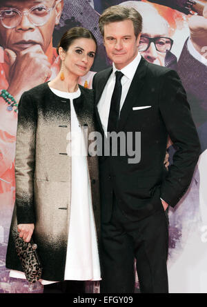 Berlin, Deutschland. 3. Februar 2015. Actor Colin Firth (R) und seine Frau Livia Giuggioli kommen für Te-Premiere des Films "Kingsman: The Secret Service" in Berlin, Deutschland, 3. Februar 2015. Der Film startet in den deutschen Kinos am 12. März 2015. Bildnachweis: Dpa picture Alliance/Alamy Live News Stockfoto