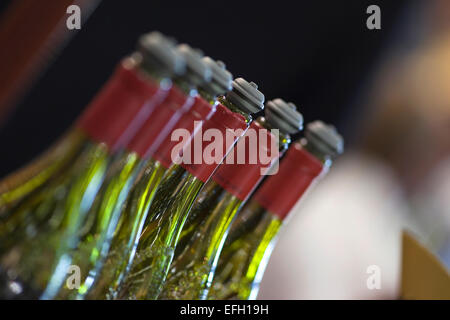 Leere Weinflaschen und Stopper in einem Weingut Stockfoto