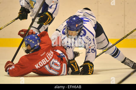 Ostrava, Tschechische Republik. 4. Februar 2015. Tschechien Vs Finnland, gespielt in Kravare, in der Nähe von Ostrava, Tschechische Republik, am Mittwoch, 4. Februar 2015 passen Czech Radek Koblizek (links) und finnische Julius Mattila (rechts) Kampf um den Puck bei U18-5-Nationen-Turnier. © Jaroslav Ozana/CTK Foto/Alamy Live-Nachrichten Stockfoto