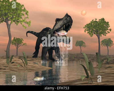 Prestosuchus Dinosaurier Angeln unter Macrotarniopteris und Glossopteris Anlage bei Sonnenuntergang - 3D render Stockfoto