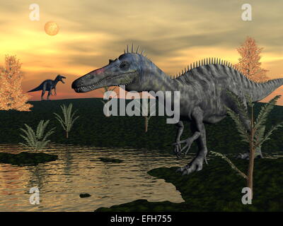 Suchomimus Dinosaurier zu Fuß neben Teich, Rendern, Pachypteris und kahlen Cypres Bäume bei Sonnenuntergang - 3D Stockfoto