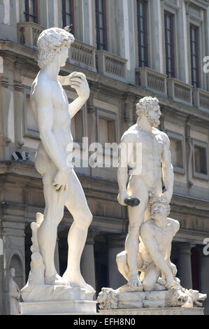 Italien, Toskana, Firenze, die Piazza della Signoria, David, Künstler Michelangelo Buonarroti Hintergrund Hercules und Grab Stockfoto