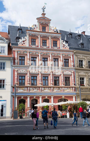 Malerische Häuser im Renaissancestil am Fischmarkt, Erfurt, Hauptstadt Thüringens, Deutschland, Europa. Stockfoto