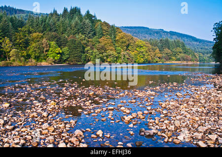 Fluß Tay bei Dunkeld, ruhigen sonnigen Herbsttag, Niedrigwasser, Steinen ausgesetzt Flussbett, Perth und Kinross, Highlands, Schottland, Vereinigtes Königreich Stockfoto