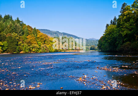 Fluß Tay bei Dunkeld, ruhigen sonnigen Herbsttag, Niedrigwasser, Steinen ausgesetzt Flussbett, Perth und Kinross, Highlands, Schottland, Vereinigtes Königreich Stockfoto
