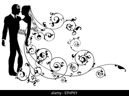 Eine Braut und Bräutigam tanzen oder etwa am Tag ihrer Hochzeit mit floralen Scroll-Muster zu küssen Stockfoto