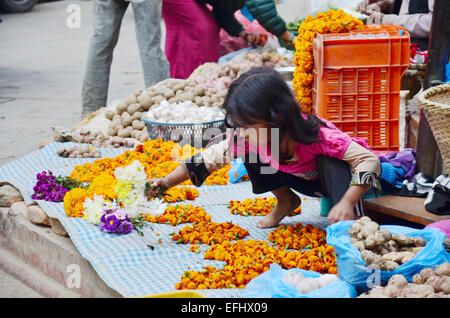 Nepalesen machen Garland zum Verkauf im Thamel-Markt am 2. November 2013 in Kathmandu Nepal. Stockfoto