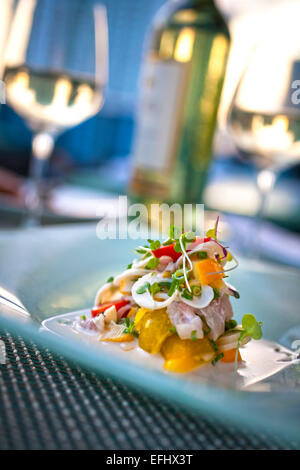 Tiradito von Red Snapper, Herzen der Palm, Kokos, Zitronengras und Cherry-Tomate, Restaurant Area 31 im Epic Hotel, Downtown Miami Stockfoto