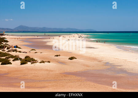 Sandbank zwischen der Lagune und Meer, Playa de Sotavento, Sotavento, Costa Calma, Jandia, Morro Jable, Fuerteventura, Kanarische Isla Stockfoto