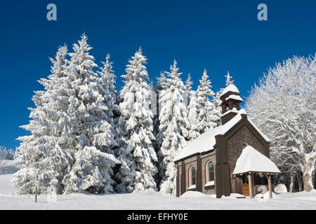 Schneebedeckte Bäume und Kapelle, Schauinsland bei Freiburg Im Breisgau, Schwarzwald, Baden-Württemberg, Deutschland Stockfoto