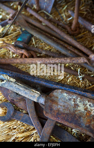 Alte Werkzeuge aus Hartmetall auf Stroh Stockfoto