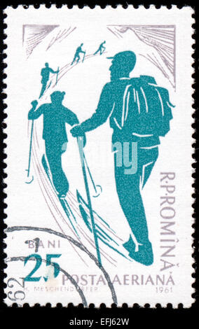 Rumänien - ca. 1961: Stempel von Rumänien, Show-Skifahrer, ca. 1961 gedruckt. Stockfoto