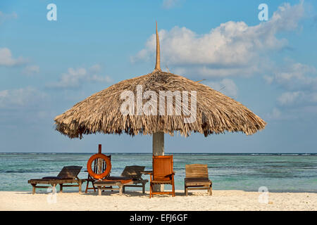 Sonnenschirm, Sonnenliegen und einen Rettungsring am Strand, Paradise Island, Malediven Stockfoto