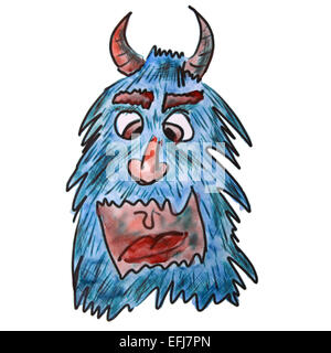 behaarte blaue Monster mit Hörnern Aquarell Karikatur Zeichnung isolierten weißen Hintergrund Stockfoto