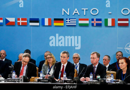 (150205)--Brüssel, 5. Februar 2015 (Xinhua)--NATO-Generalsekretär Jens Stoltenberg (2. L, vorn) spricht während der NATO-Verteidigungsminister am Hauptsitz Allianz in Brüssel, Hauptstadt von Belgien, 5. Februar 2014 treffen. Hier versammelt sich NATO-Verteidigungsminister am Donnerstag um die Umsetzung des Aktionsplans der Bereitschaft und der Ukraine-Krise zu diskutieren. (Xinhua/Zhou Lei) Stockfoto