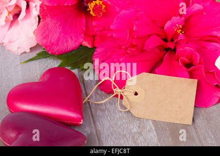 Hibiskusblüten mit zwei rosa Herzen Stockfoto