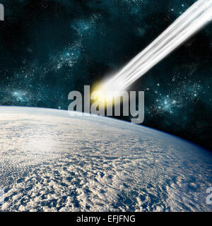 Eine künstlerische Darstellung eines erdähnlichen Planeten im Weltraum vor einer drohenden Kollision mit einem Kometen. Stockfoto
