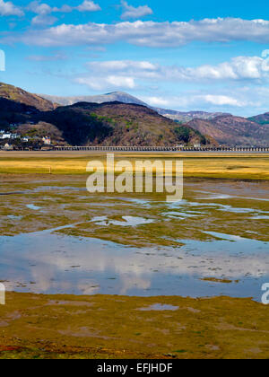 Wattenmeer und Reflexionen der fernen Berge an der Mündung der Mawddach in Barmouth Schach in Gwynedd Snowdonia North Wales UK Stockfoto