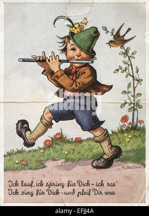 Retro-Postkarte gedruckt in Deutschland zeigt jungen beim Flötenspiel. Text in Deutsch: Ich laufe, springe ich für Sie Stockfoto