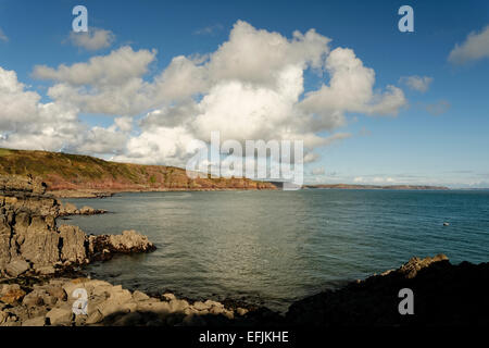 Blick vom Stackpole Quay, Pembrokeshire, Wales zeigt Gesteinsschichten an gegenüberliegenden Landzunge Stockfoto