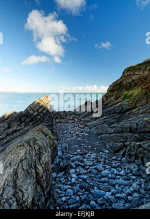 Blick vom Stackpole Quay, Pembrokeshire, Wales zeigt Gesteinsschichten an gegenüberliegenden Landzunge Stockfoto