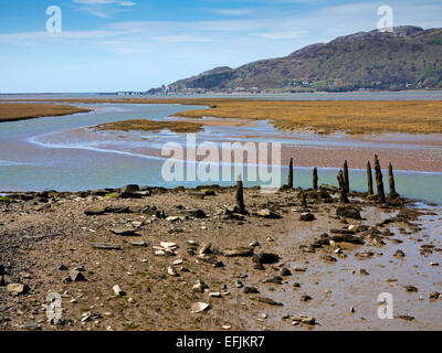 Wattenmeer an der Mündung des Flusses Mawddach bei Barmouth Bay Gwynedd Snowdonia North Wales UK mit Barmouth Stadt in der Ferne Stockfoto