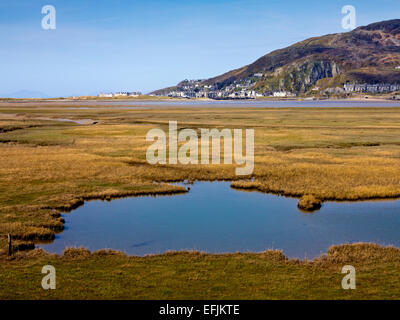 Wattenmeer an der Mündung des Flusses Mawddach bei Barmouth Bay Gwynedd Snowdonia North Wales UK mit Barmouth Stadt in der Ferne Stockfoto