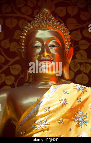 Vertikale Nahaufnahme von einem traditionellen Gold Buddha am Wat Phan ein in Chiang Mai Stockfoto