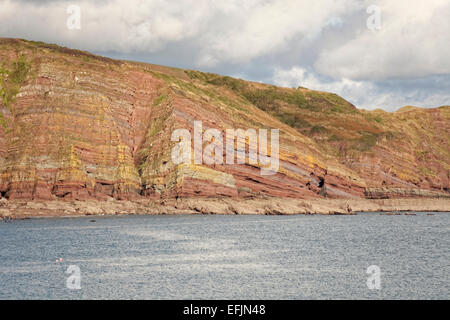 Blick vom Stackpole Quay, Pembrokeshire, Wales zeigt Gesteinsschichten an gegenüberliegenden Landzunge Stockfoto