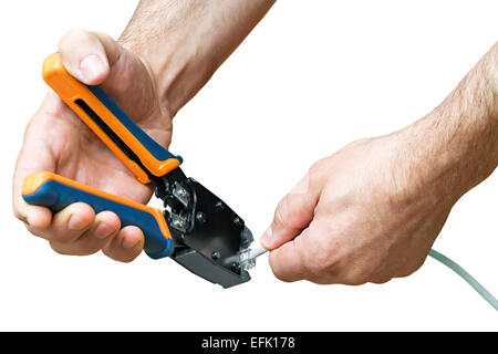 Crimp Werkzeug rj45 Stecker, isoliert auf weiss Stockfoto