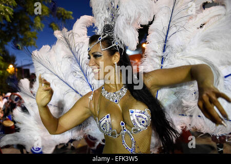 Montevideo, Uruguay. 5. Februar 2015. Eine Tänzerin nimmt während der rufen Sie Parade in Montevideo, der Hauptstadt von Uruguay, am 5. Februar 2015. Die Parade mit der Teilnahme von mindestens 40 Abgüsse, besteht seit 1956 in der Nachbarschaft von Sur und Palermo, besetzt durch Klöster, die traditionell von schwarzen Familien bewohnt, die förderte die Entwicklung der Candombe-Kultur. Rufen Sie Parade kommt aus der Berufung afrikanische Herkunft mit ihren Trommeln gemacht wo gingen zwei Schlagzeugern der einzelnen Gruppen, um Candombe, bilden eine Gruppe, um den Karneval zu feiern beginnen zu spielen. Bildnachweis: Xinhua/Alamy Live-Nachrichten Stockfoto